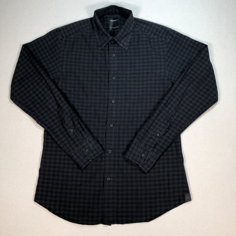 Zegna Sport Black Watch Shirt Men's M Black‎ Brown Gingham Plaid Twisted Cotton